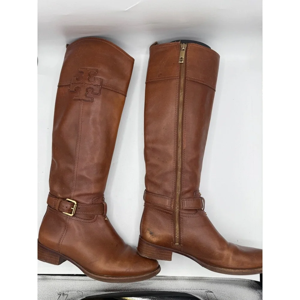 Tory Burch Riding‎ Boots Women's 6.5 Cognac Leather Tall Equestrian Logo Boots